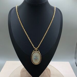 Vintage faux locket pendant chain necklace gold tone